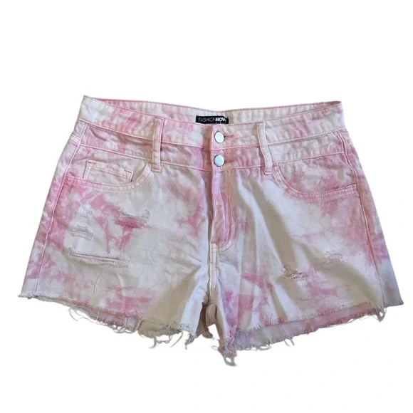 Pink and White high rise Acid Wash Cut-Off Jean Shorts,Distressed Size 9 - Picture 6 of 6